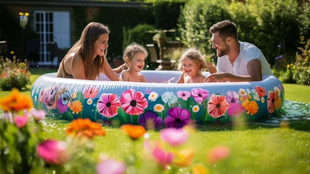 inflatable garden pool with a family playing in it